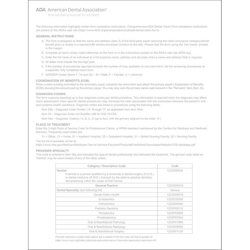 2024 New ADA Dental Claim Form- 2500 sheets