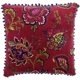 Riva Paoletti Malisa Square Cushion Cover - Pomegranate Red - Paisley Indian Print - Faux Velvet Fabric - Blue Pompom Edges - Machine Washable - 100% Cotton - 50 x 50cm (20" x 20" inches)