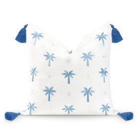 Hofdeco Premium Coastal Hampton Style Patio Indoor Outdoor Pillow Cover Only, 20"x20" Water Resistant for Backyard, Couch, Baby Blue Embroidered Palm Tree Tassel