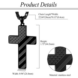 Flongo Bible Verse Cross Necklace: Mens American Flag Stainless Steel Pendant Black Chain 56cm - Christian Jesus Crucifix Necklace Spiritual Gift for Husband Boyfriend Companion Friend(b)