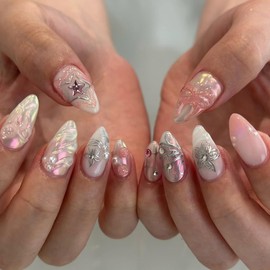 24 Pcs Glitter Press on Nails Short Almond Nail Tips,YEFIUO Acrylic Nail Kit Summer Fake Nails Press ons Glue on Nails Full Cover Reusable False Nails Pink Bow Rhinestones French Nail Art for Ma'am