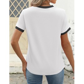 ZESICA Women's Casual Short Sleeve Trendy Shirts 2025 Summer Dressy Crewneck Color Block Tops White L