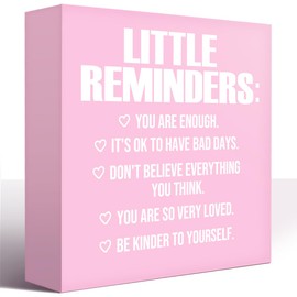 LVQHI Pink Decor For Desk, Little Reminders Sign Wood Box,Inspirational Office Desk Decor For Women, Small Motivational Office Table Accessories Decoration Signs 5"x5"x1.2" In