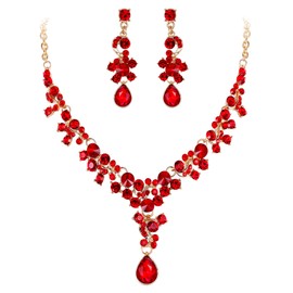EVER FAITH Rhinestone Crystal Wedding Engagement Floral Teardrop Necklace Earrings Set Red Gold-Tone