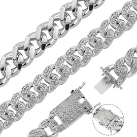 GIHENHAO 2pcs Cuban Link Chain for Men,Silver Necklace and Bracelet,Miami Cuban Chains,Bling Diamond Chain for Hip Hop Jewelry
