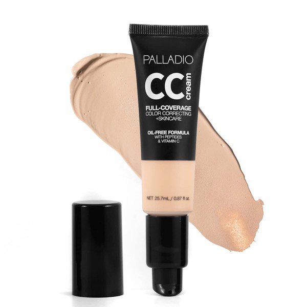 Palladio Full-Coverage Color Correction CC Cream, Oil-Free with Peptides & Vitamin C, Best for Correcting Redness and Uneven Skin Tone, Buildable Foundation Coverage (Fair 10C)