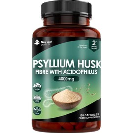 New Leaf Psyllium Husk Fibre Supplement (4000mg) with Acidophilus – High Strength Digestive Health Capsules, 120 Vegan Capsules, Plant-Based Soluble Fibre, Made in the UK