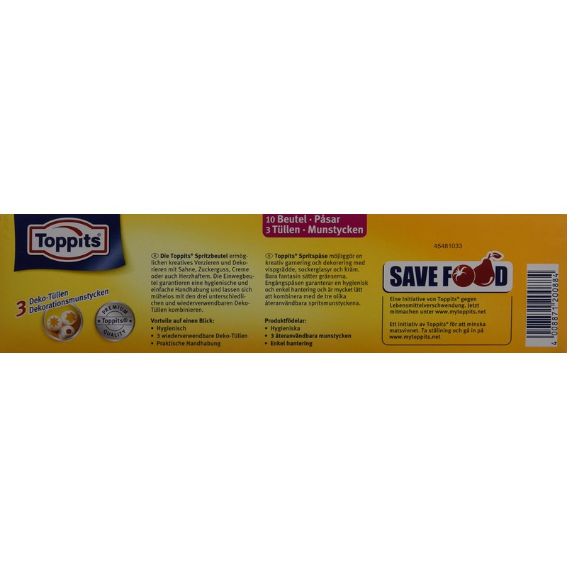 Toppits Icing Bags Pack of 10, 3 Decorative Nozzles, White