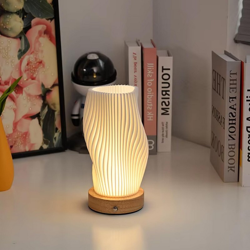 Table Bedside Lamp with Woodbase, Button Control Night Light for