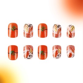 Thanksgiving Press on Nails Short Square Fall Winter Maple Leaves Pumpkin Glitter French Tip Fake Nails Press ons Cute Acrylic Glossy Glue on Nails for Women 24 Pcs
