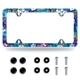 Blue Pink Hibiscus License Plate Frame Colorful Tropical Floral License Plate Frames Stainless Steel Accessories Cars Decor with 4 Holes and Screws Fits Standard US CA Vehicles Size 12.2 x 6 Inches