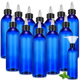 Barydat 12 Pcs Applicator Bottles for Hair, Squeeze Hair Oil Applicator Bottle Refillable Empty Plastic Bottles, Twist on Top Cap with Open Close Nozzle and 2 Funnels(8 oz,Blue)