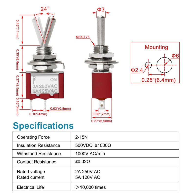 Heschen Miniature Toggle Switch MTS-101 ON-OFF SPST 2 Pin, 2A