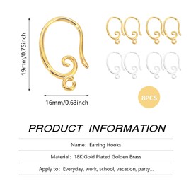 18K Gold Plated Earring Hooks, 18K Gold Plated Golden Brass Earring Hooks Silver Ear Wire with Loops for Earring Dangle Jewelry Findings(8PCS)