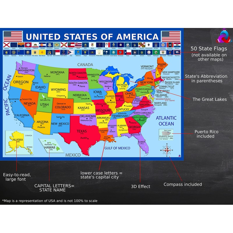 アメリカ合衆国地図と州旗ポスター ラミネート加工 14 x 19.5インチ 教育ポスター 子供用アメリカ地図 小学生教室の装飾品 教師用品