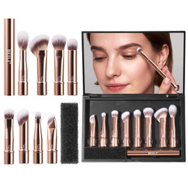 BEILI Travel Eye Makeup Brushes Set 8pcs Removable Double Sided Makeup Brush with Mirror Box & Removal Cleaner Sponge for Concealer Eyeshadow Contour Powder Blending Eyebrow Eyeliner Rose Gold S102