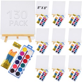Crtiin 10 Set Canvas Boards with Easel for Painting Kit Include 10 Wood Easels 10 Pcs Canvases 10 Pcs Watercolor Paint and 100 Pcs Brushes Paint and Sip Kit Art Supplies for Adults(8 x 8 Inch)