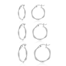 wynn's Silver Hoop Earrings for Women, 3 Pairs Small Sleeper Silver Hoops Earrings Set, Hypoallergenic 925 Sterling Silver Twist Hoop Earrings Set for Women Girls, 13,15,20mm silver hoop earring