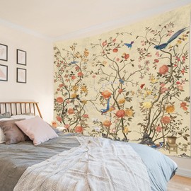 LB Vintage Flowers Wall Towel Bird on Flower Tree Wall Hanging Retro Aesthetic Tapestry for Living Room Bedroom Dorm Wall Decoration 235 x 180 cm