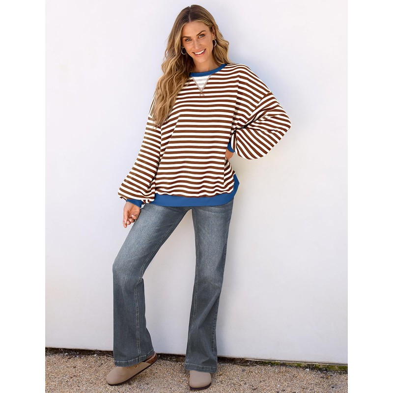 UEU Womens Long Sleeve Sweatshirt Casual Trendy Crewneck Striped Color