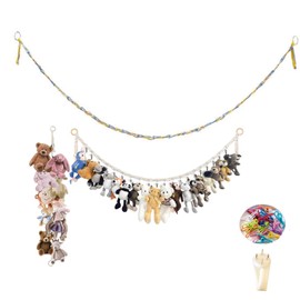 Fokroin Stuffed Animal Storage Chain, 1.5 m Hand-Braided Rope with 15 Metal Clips, 2 Non-Marking Nails, Boho Stuffed Toy Organiser Chain, Children's Room, Decoration, Stuffed Toy Storage