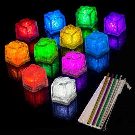 48pk Light Up Ice Cubes for Drinks + 4pk Bonus Reusable Straws – LED Glowing Cubes – Flashing Color Changing - Reusable Water Activated for Bath, Cocktails & Party
