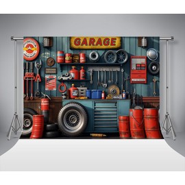 Kate Background 7x5ft/2.2x1.5m Workshop Backdrops Repair Mechanic Party Decor Photography Background Garage Car Repair Red Paint Bucket Tyre Tools Photo Shoot Studio Props