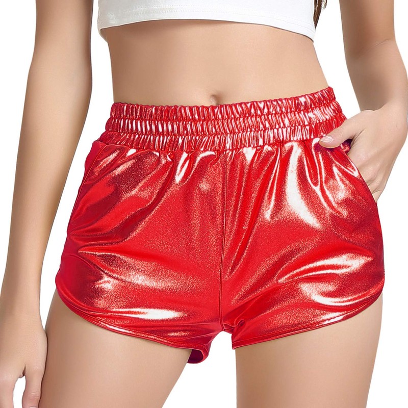 Perfashion Pantalones cortos metálicos brillantes para mujer, Rojo -, S