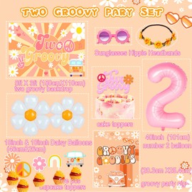 Two Groovy Party Decorations, Two Groovy Birthday Party Supplies for Girl, Daisy Theme 2nd Birthday Party Décor Hippie Boho Second Bday Party Decorations, Baby Girl 2nd Birth