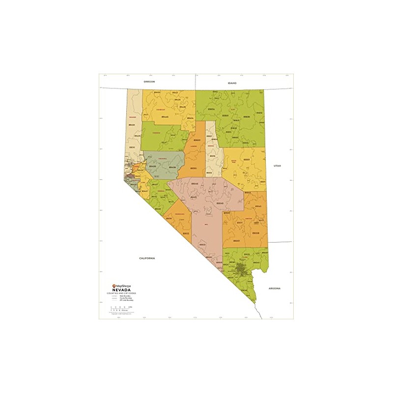 Nevada ZIP Code Map with Counties - Standard - 36"