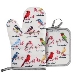 Oven Glove and Pot Holder Set Heat Resistant Oven Gloves Polyester Fibre Cooking Gloves for Cooking, Baking, Barbecuing Gift (Bird)