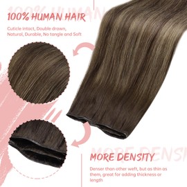 fshine Genius Weft Hair Extensions Human Hair 20 Inch Balayage Dark Brown to Light Brown Mixed Dark Brown Hand Tied Genius Weft Full Head Straight Real Hair Bundle Sew in hair Extensions 60g