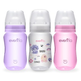 Evenflo Biberón Anticólicos de Dinosaurio para Niña, Cuello Ancho, 270ml/9oz, Rosa, Morado y Transparente, Flujo Medio, con Ventilación, 3 Piezas, para Bebés de 3 Meses en Adelante