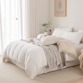 Herside White Beige Duvet Cover Set 135x200cm 2 Pcs Chic Pom Poms Fringed White and Beige Reversible Bedding Set Ultra Soft Microfiber Bedding Double with Zipper Closure,White&Beige,Single