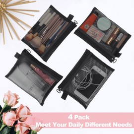 Gelapa 4Pack Small Make Up Bag for Purse, Black Mesh Makeup Bag, Clear Zipper Cosmetic/Toiletry/Brush Bag, Makeup Pouches Organizer for Women, Travel Essentials Accessories