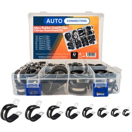 64pcs Rubber Lined P Clips Assortment Kit | Steel Rubber Cushion Pipe Clamps Set | 8 Sizes: 6mm, 8mm, 10mm, 13mm, 16mm, 19mm, 22mm, 25mm