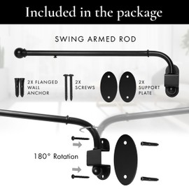 MERIVILLE 14"-24" Swing Arm Curtain Rod, 1/2" Diameter, Black, 2 Pieces