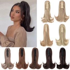 SLEEKALON Claw Clip Ponytail Extension for Women Light Brown 12 Inch Fluffy Short Ponytail Extensions Flip Out Fake Ponytail Synthetic Hairpiece for Women