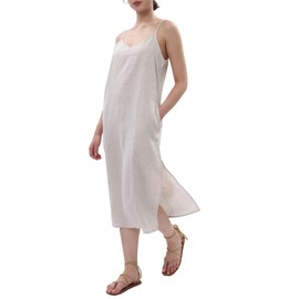 Amazhiyu Womens Pure Linen Summer V Neck Midi Spaghetti Strap Slip Dress with Pockets Flax, Small