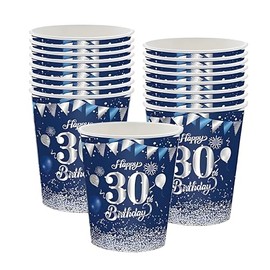 Paper Cups 30th Birthday, Pack of 16 Disposable Cups Birthday, Paper Cups for 30th Party Decoration, Blue Silver 30th Birthday Decoration, Paper Cups for Boys Girls 30th Birthday Anniversary Party