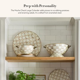 MACKENZIE-CHILDS Enamel Colander, Decorative Kitchen Strainer, Large, Brown-and-White Mocha Check