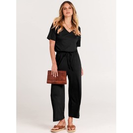 ANRABESS Women Summer Casual Short Sleeve V Neck Elastic Waist Wide Leg Cropped Pants Jumpsuits Rompers with Pockets Black Medium
