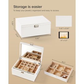 Vee Jewelry Box with Lid,2-Layer Jewelry Organizer with big Mirror, PU Leather Jewelry Storage Display Holder for Necklace Earrings Rings Bracelets,Lockable,Gift for Women Girls (2-Layer White1)