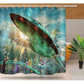 NTETSN Science Fiction Shower Curtain, Futurama Realistic 3D Rocket Planet Teal Spaceship Fabric Bath Curtain, Washable Upgrade for Bathroom Accessories, 72x 72 Inches, YLYYNT992