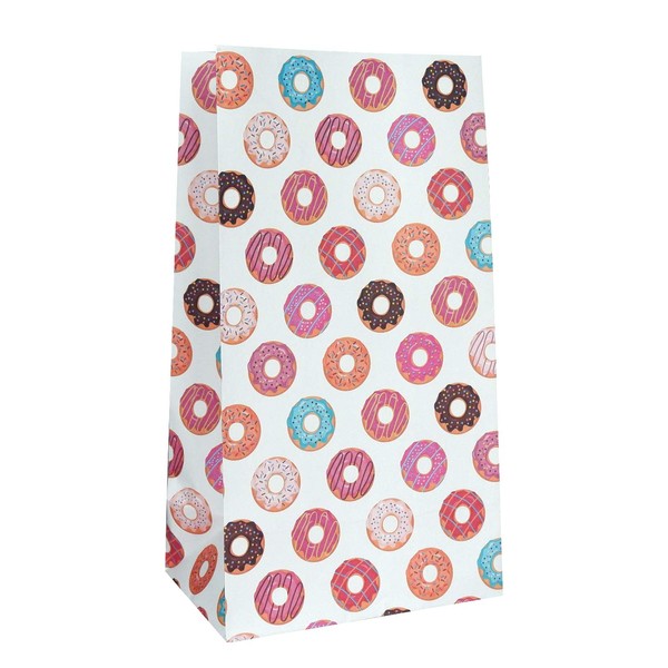Donut Favor Bags - 24-Count Colorful Cute Donut Pattern Design Printed White Party Paper Lunch Gift Bags - Donut Party Supplies for Donut Theme Party, Kids Birthday, Party Gift - 9.5" x 5.5" x 3.25"