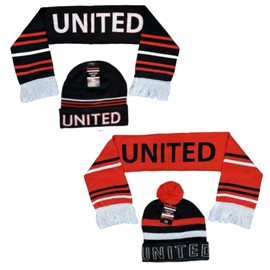 Man United Football Hat & Scarf Set for Fans, Cosy Knit Beanie, Scarf, Ideal Winter Warmers, Great Gift for Supporters Black