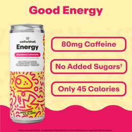 WellWithAll Strawberry Lemonade Energy Drink - Caffeine from Tea - With Vitamin C - Lightly Sparkling Beverage - Fruit & Veggie Juice Blend - 12 Oz (Pack of 12)