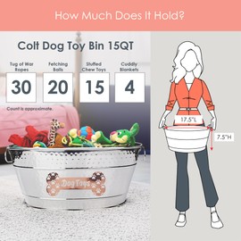 Metal Indestructible Dog Toy Bin - Steel Dog Toy Basket with Handles, Pet Toy Box, Oval for Blankets, Leashes, & Toys for Aggressive Chewers - Pawprint Design Home Decor (Silver)