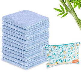 Lavien Home 12 Pack Rayon from Bamboo Washcloths with Multi-Purpose Clutch Bag, Ultra-Soft Absorbent Towels for Face, Body, Shower, Make-Up, Baby, Reusable Wipes, 10"x10" (Baby Blue)