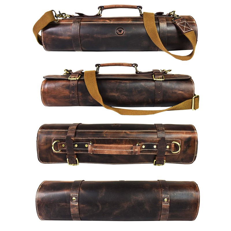 Leather Knife Roll Storage Bag, Elastic and Expandable 10 Pockets,